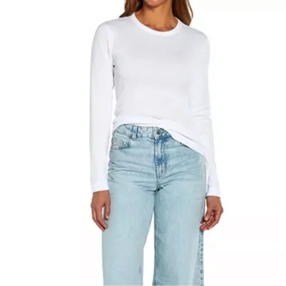 Three Dots Women Sz L Solid White Long Sleeve Top Cotton Round Neck Pullover New - Picture 4 of 13